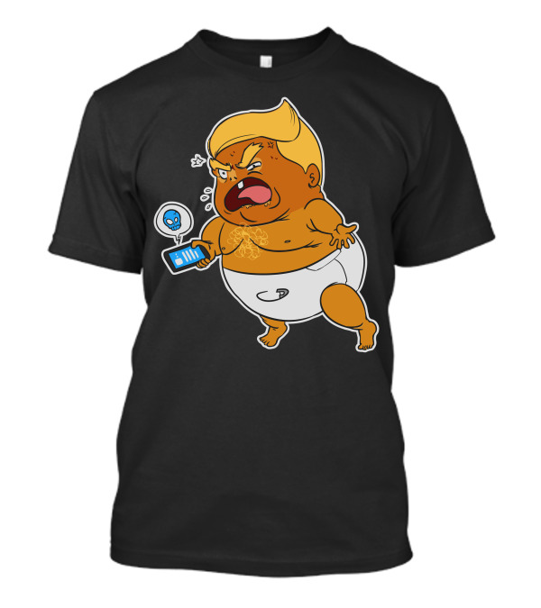 Baby Trump Crying Cartoon Holding Phone With Angry Tweet Bird T-Shirt