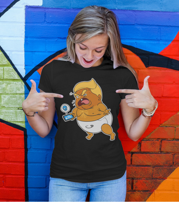Baby Trump Crying Cartoon Holding Phone With Angry Tweet Bird T-Shirt