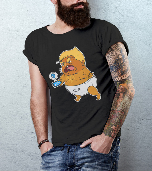 Baby Trump Crying Cartoon Holding Phone With Angry Tweet Bird T-Shirt
