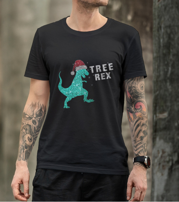 Bling Bling Glitter Tree Rex Dinosaur In Santa Hat T-Shirt
