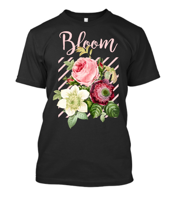 Bloom Floral Arrangement Pink And White Roses On Stripes T-Shirt