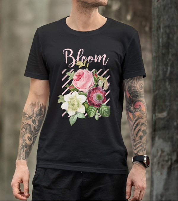 Bloom Floral Arrangement Pink And White Roses On Stripes T-Shirt