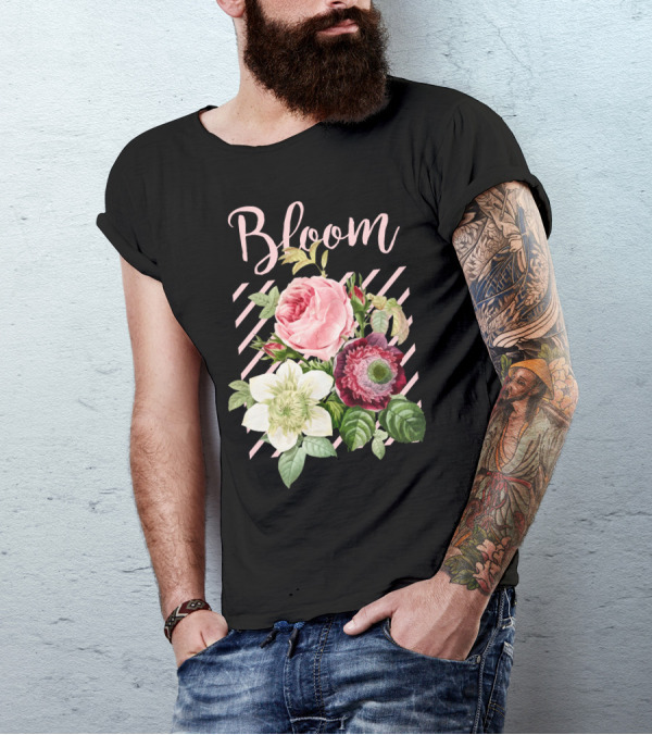 Bloom Floral Arrangement Pink And White Roses On Stripes T-Shirt