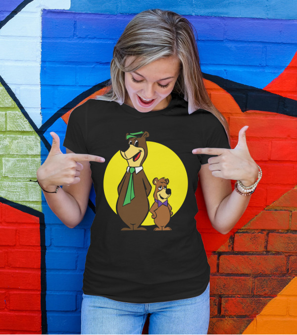 Yogi Bear And Boo Boo Cartoon Characters In Front Of Yellow Circle T-Shirt