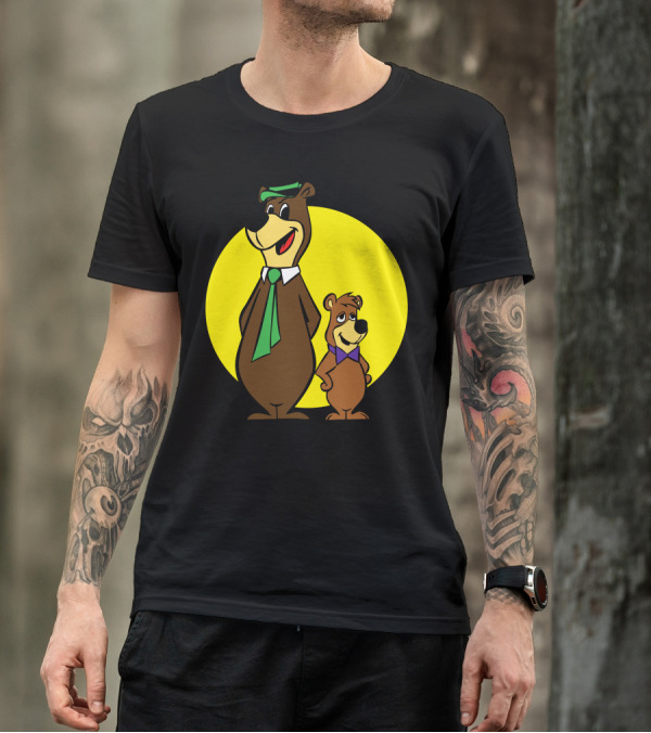 Yogi Bear And Boo Boo Cartoon Characters In Front Of Yellow Circle T-Shirt