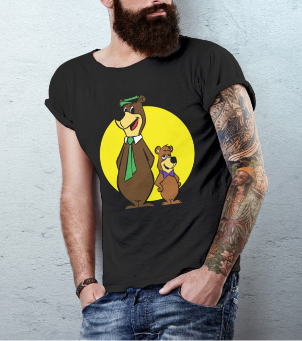 Yogi Bear And Boo Boo Cartoon Characters In Front Of Yellow Circle T-Shirt