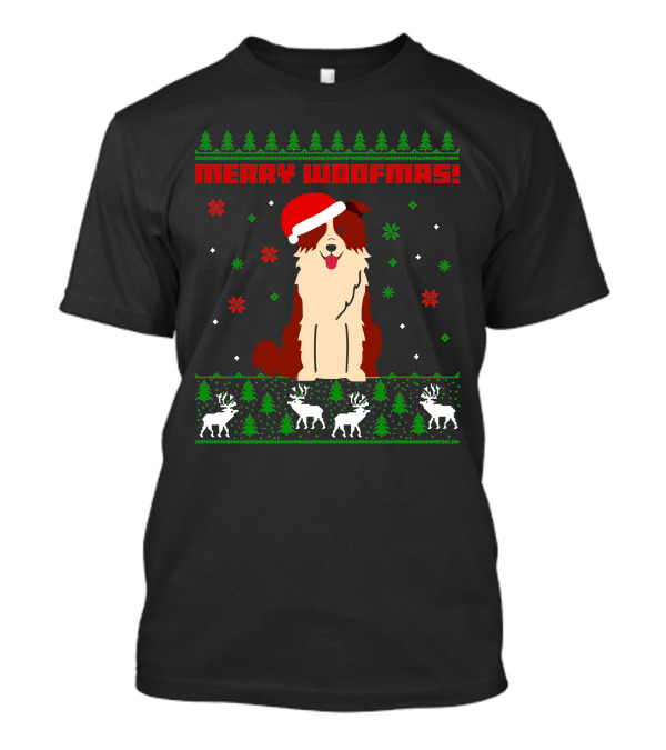 Border Collie Dog Merry Woofmas Santa Hat Reindeer Christmas Trees Snowflakes T-Shirt