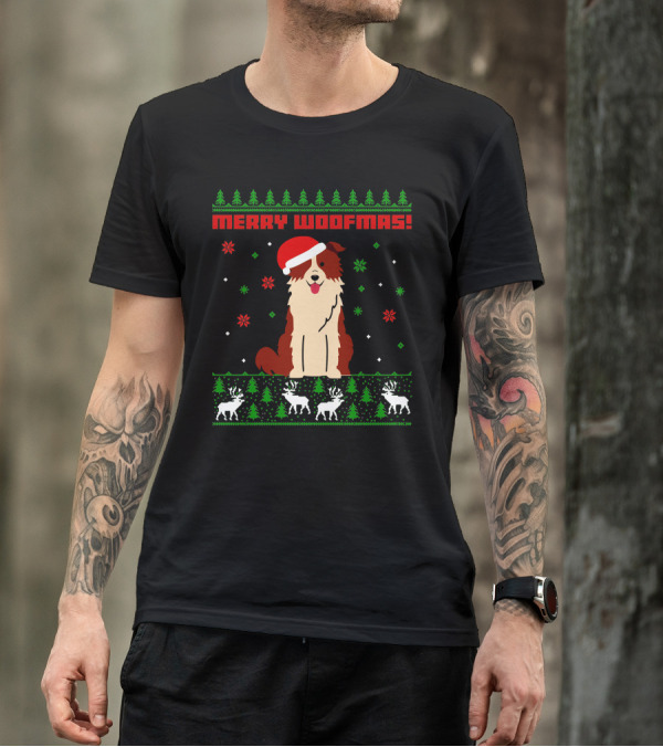 Border Collie Dog Merry Woofmas Santa Hat Reindeer Christmas Trees Snowflakes T-Shirt