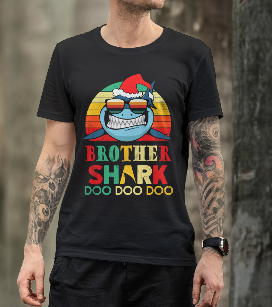 Brother Shark Doo Doo Doo Christmas Santa Hat Sunglasses Retro T-Shirt