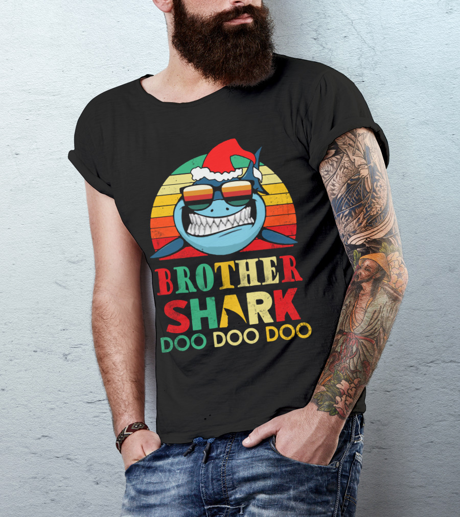 Brother Shark Doo Doo Doo Christmas Santa Hat Sunglasses Retro T-Shirt
