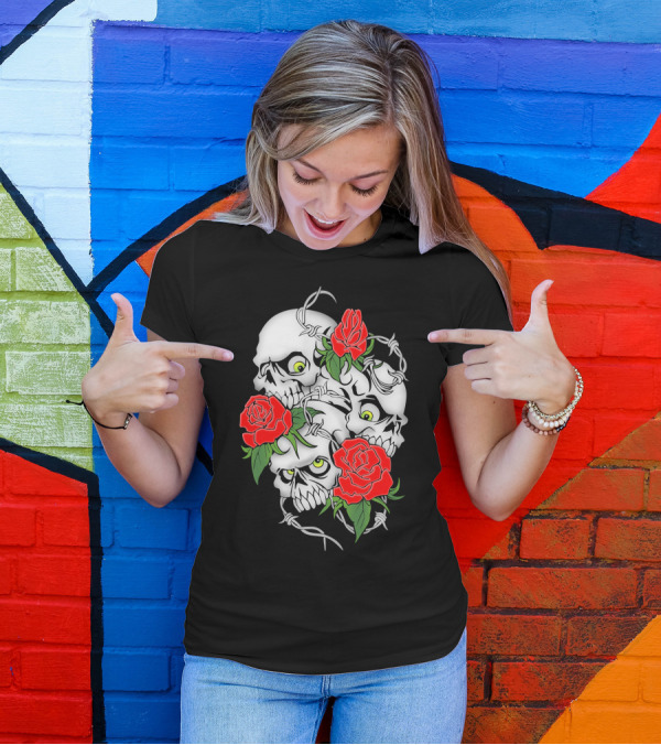 Cool Design Rose And Skulls With Barbed Wire Elements T-Shirt