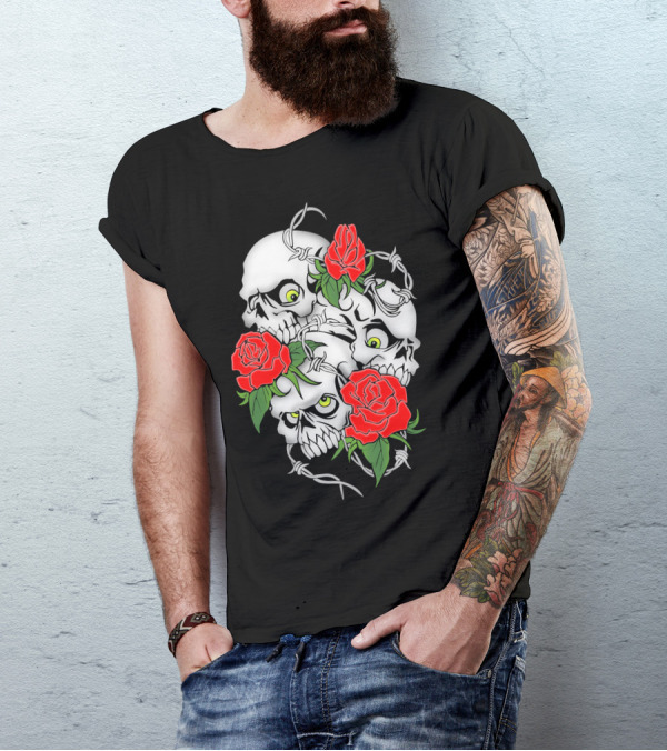 Cool Design Rose And Skulls With Barbed Wire Elements T-Shirt