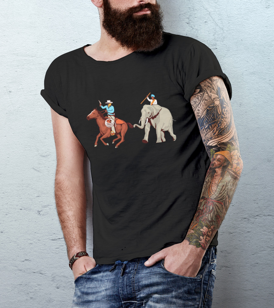 Cowboys Versus Indian Elephant Rider: Western Meets Eastern Adventure T-Shirt