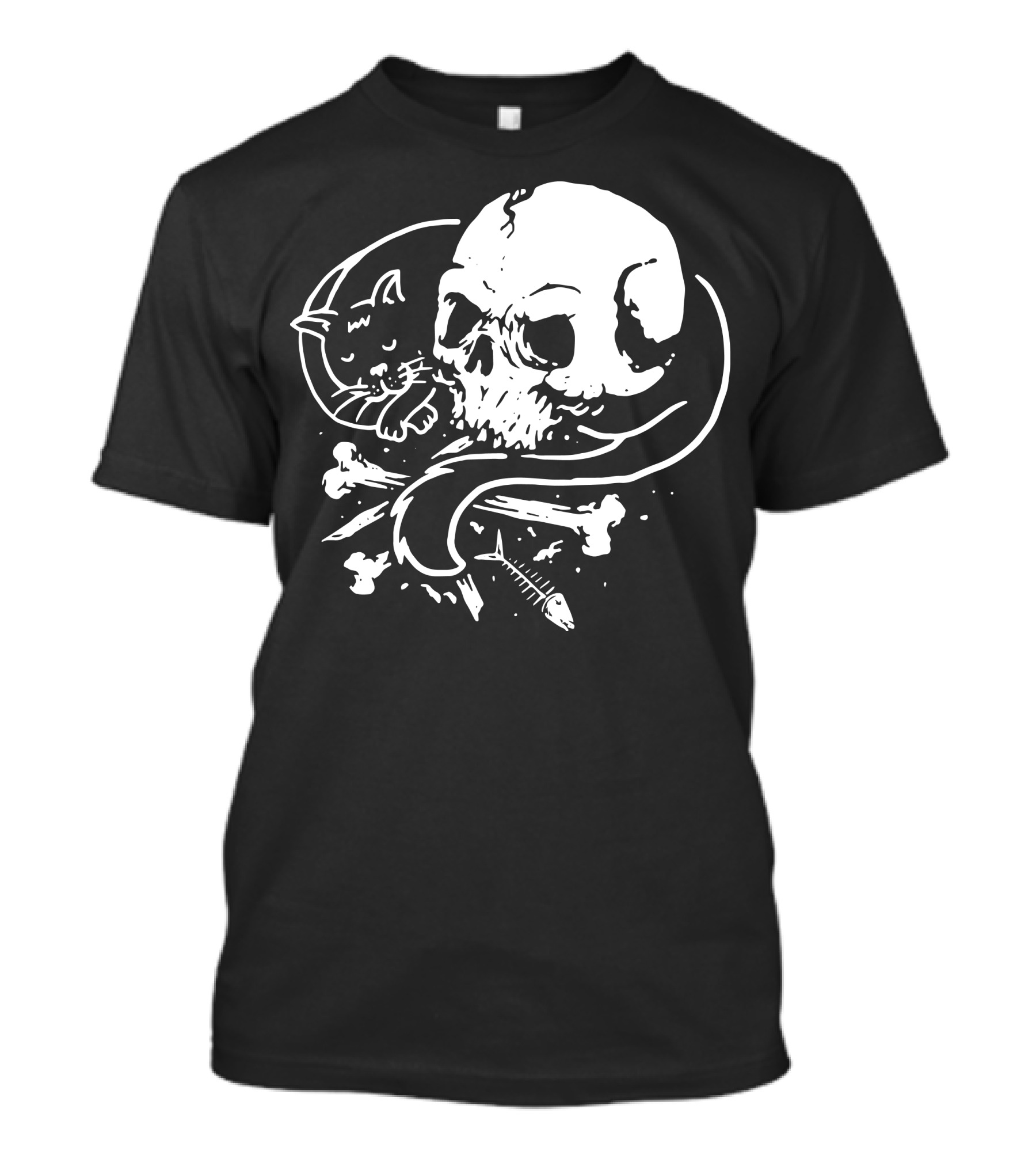 Dark Cat Skull Bones Fish T-Shirt