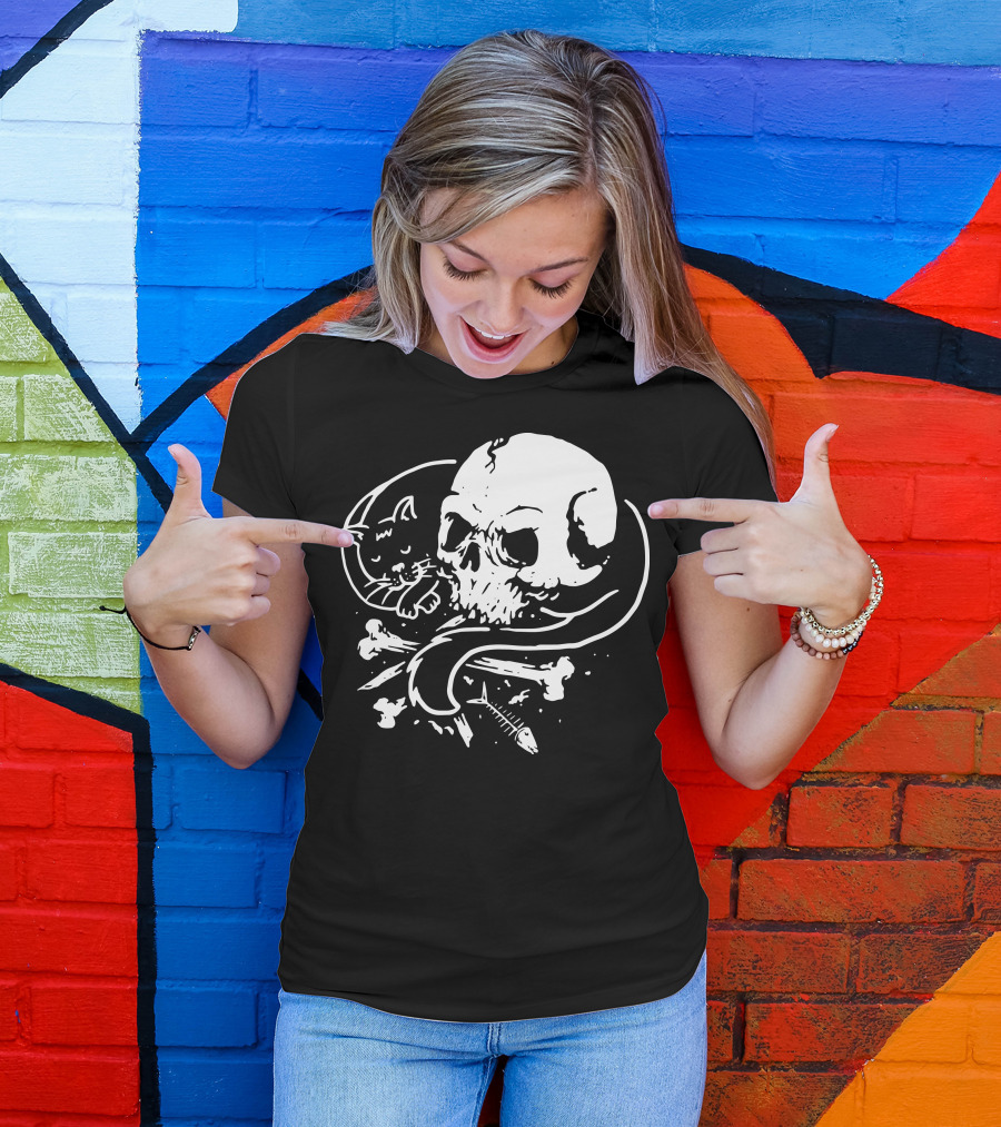 Dark Cat Skull Bones Fish T-Shirt