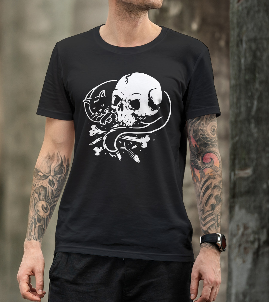 Dark Cat Skull Bones Fish T-Shirt