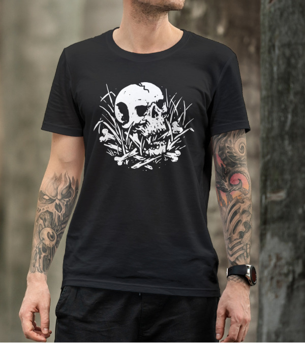 Dark Nature Skull And Bones In Grass T-Shirt