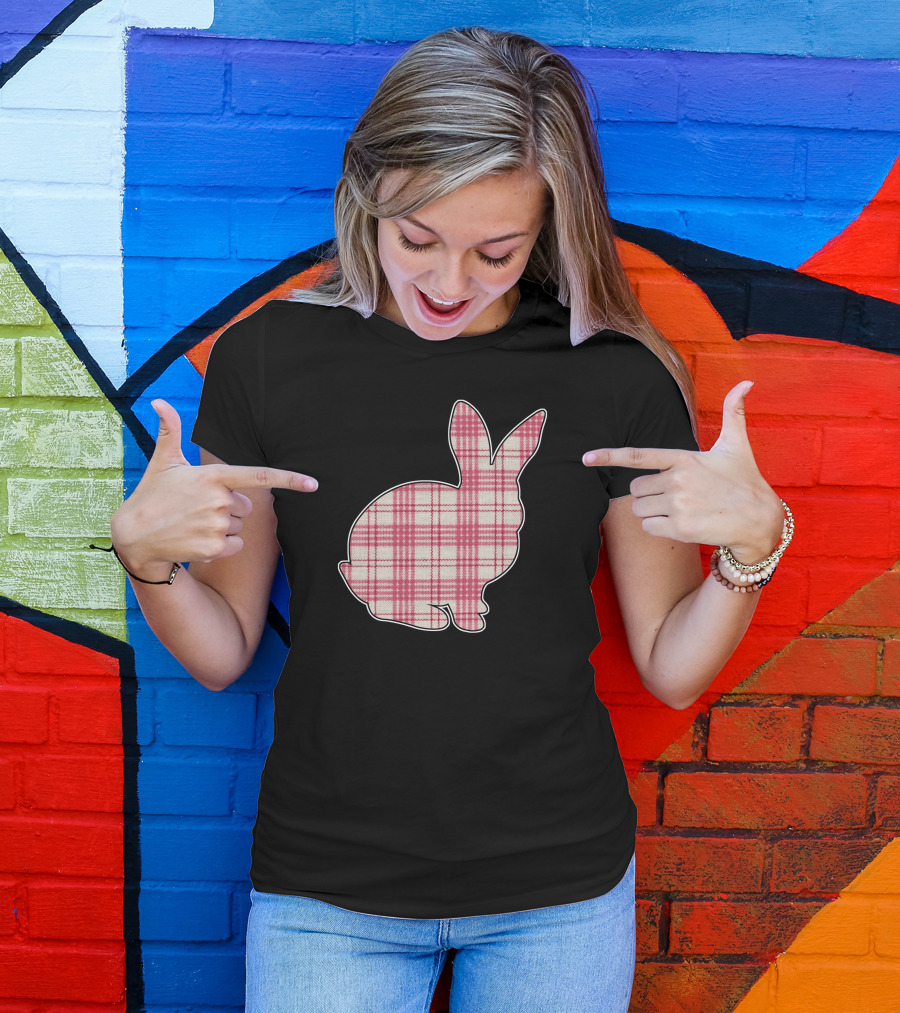 Pink Plaid Easter Bunny Silhouette With Green Bow T-Shirt