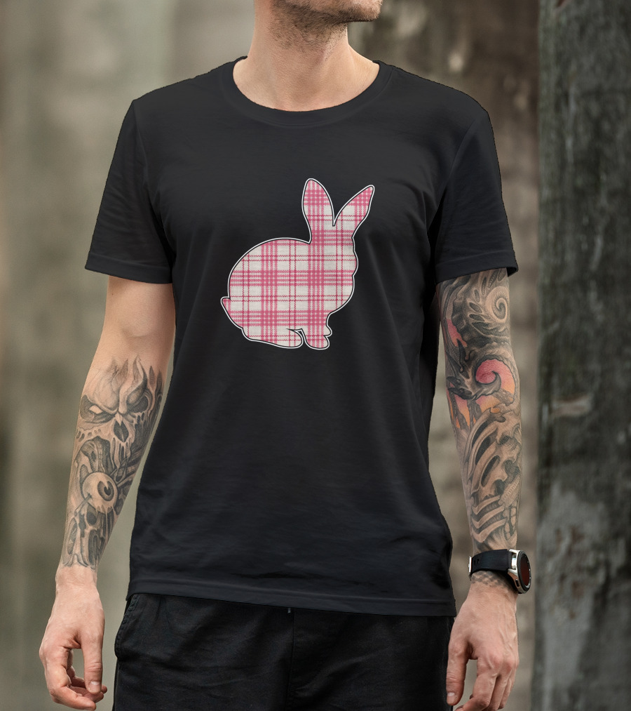 Pink Plaid Easter Bunny Silhouette With Green Bow T-Shirt
