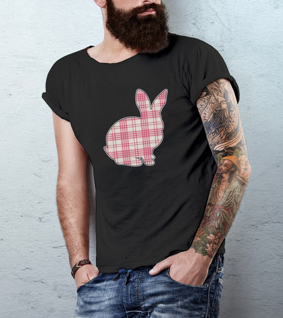 Pink Plaid Easter Bunny Silhouette With Green Bow T-Shirt