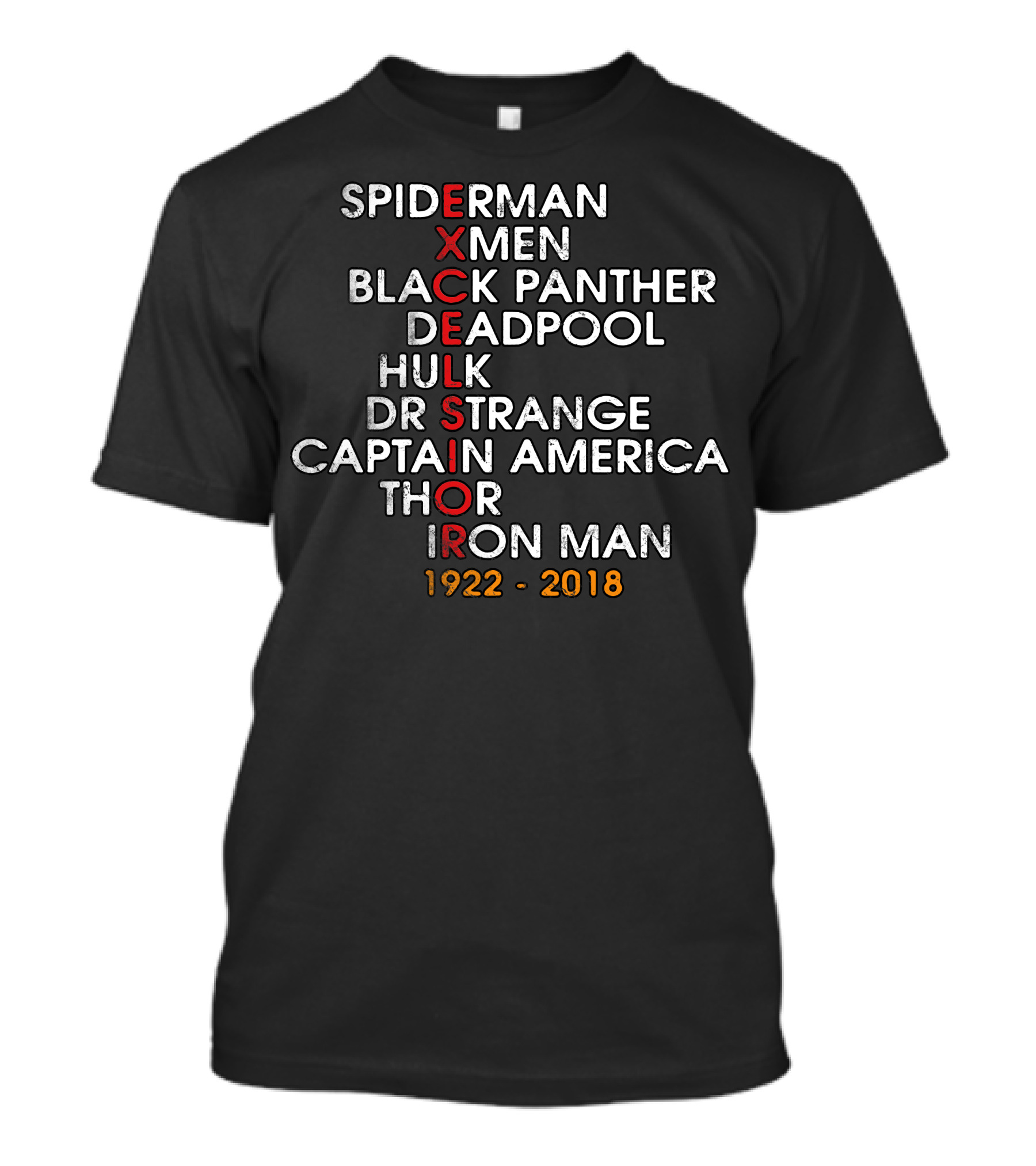 Spiderman X-Men Black Panther Deadpool Hulk Dr Strange Captain America Thor Iron Man Excelsior 1922-2018 T-Shirt