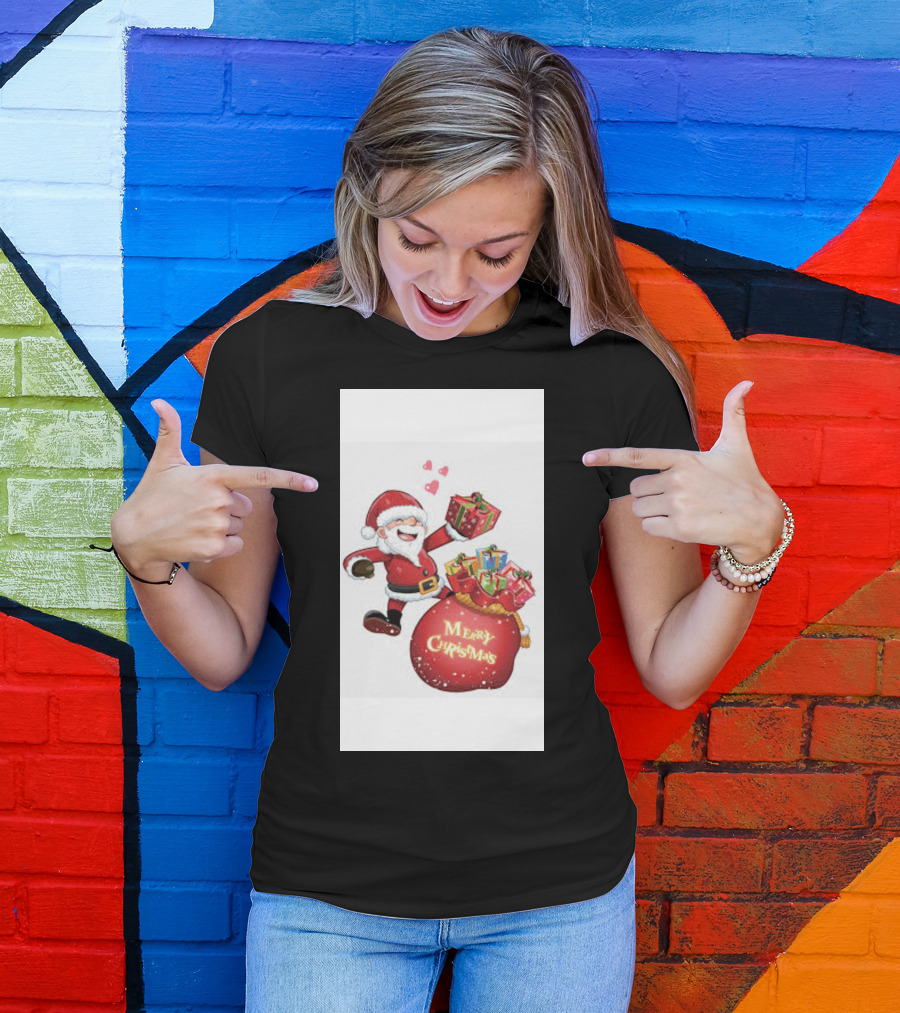 Merry Christmas Santa With Gifts And Hearts T-Shirt