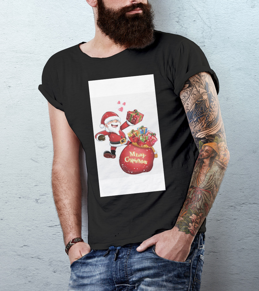 Merry Christmas Santa With Gifts And Hearts T-Shirt