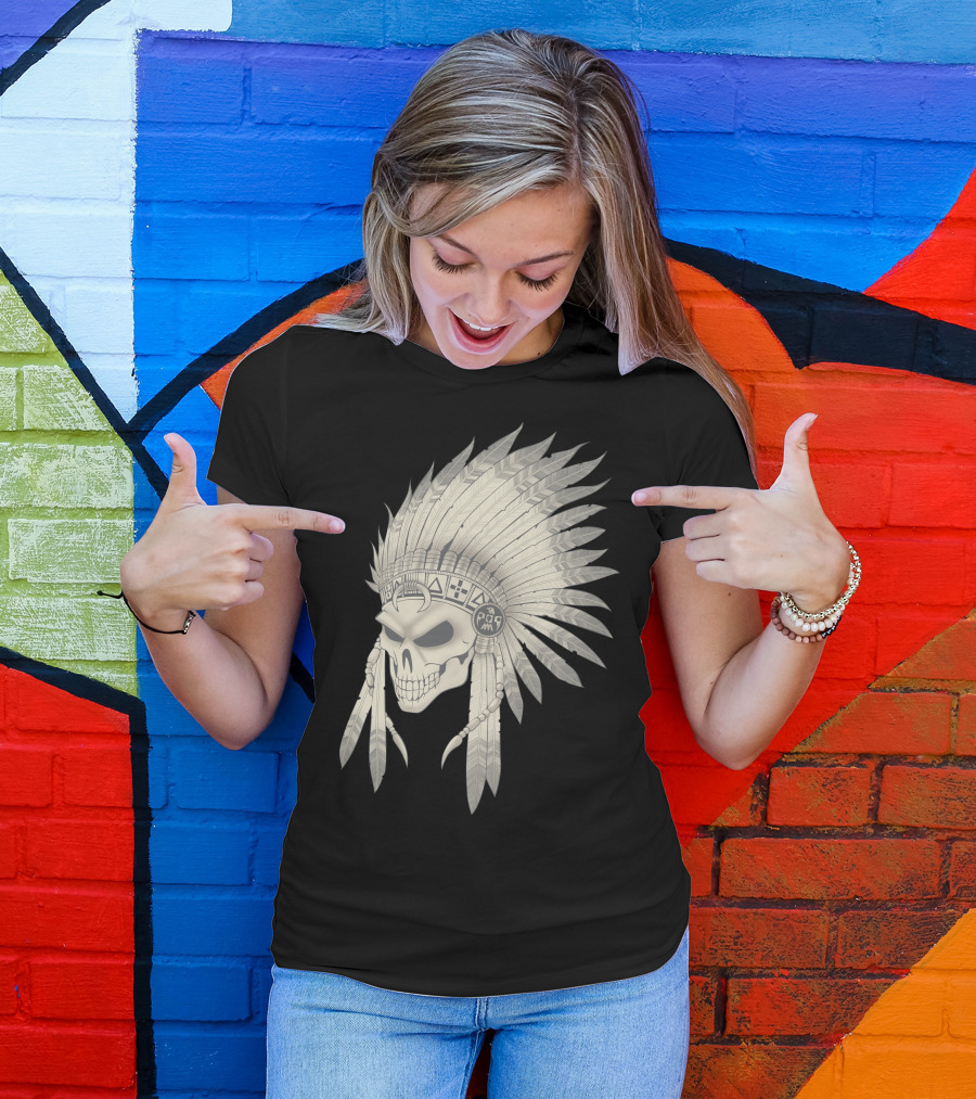 Pencyl Art Indian Skull Feather Headdress T-Shirt