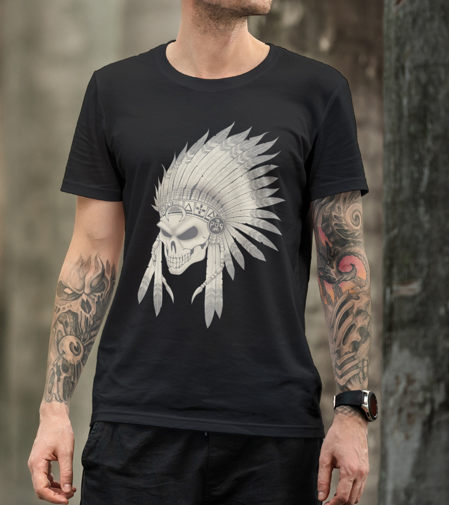 Pencyl Art Indian Skull Feather Headdress T-Shirt