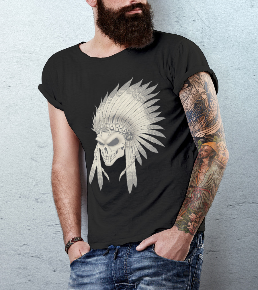 Pencyl Art Indian Skull Feather Headdress T-Shirt