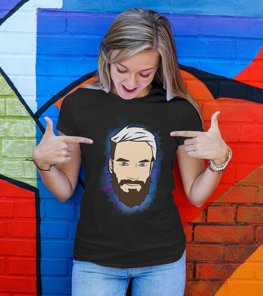 Pewdiepie Iconic Face Cartoon Style White Hair Blue Eyes Beard T-Shirt