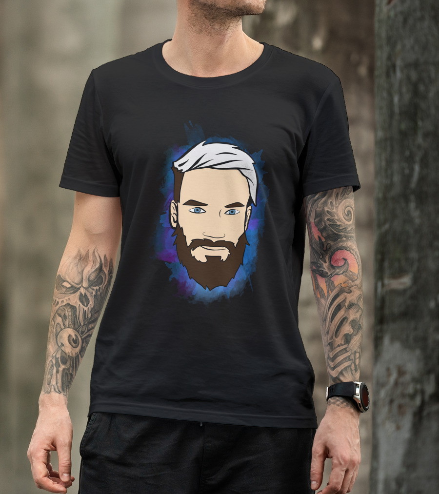 Pewdiepie Iconic Face Cartoon Style White Hair Blue Eyes Beard T-Shirt