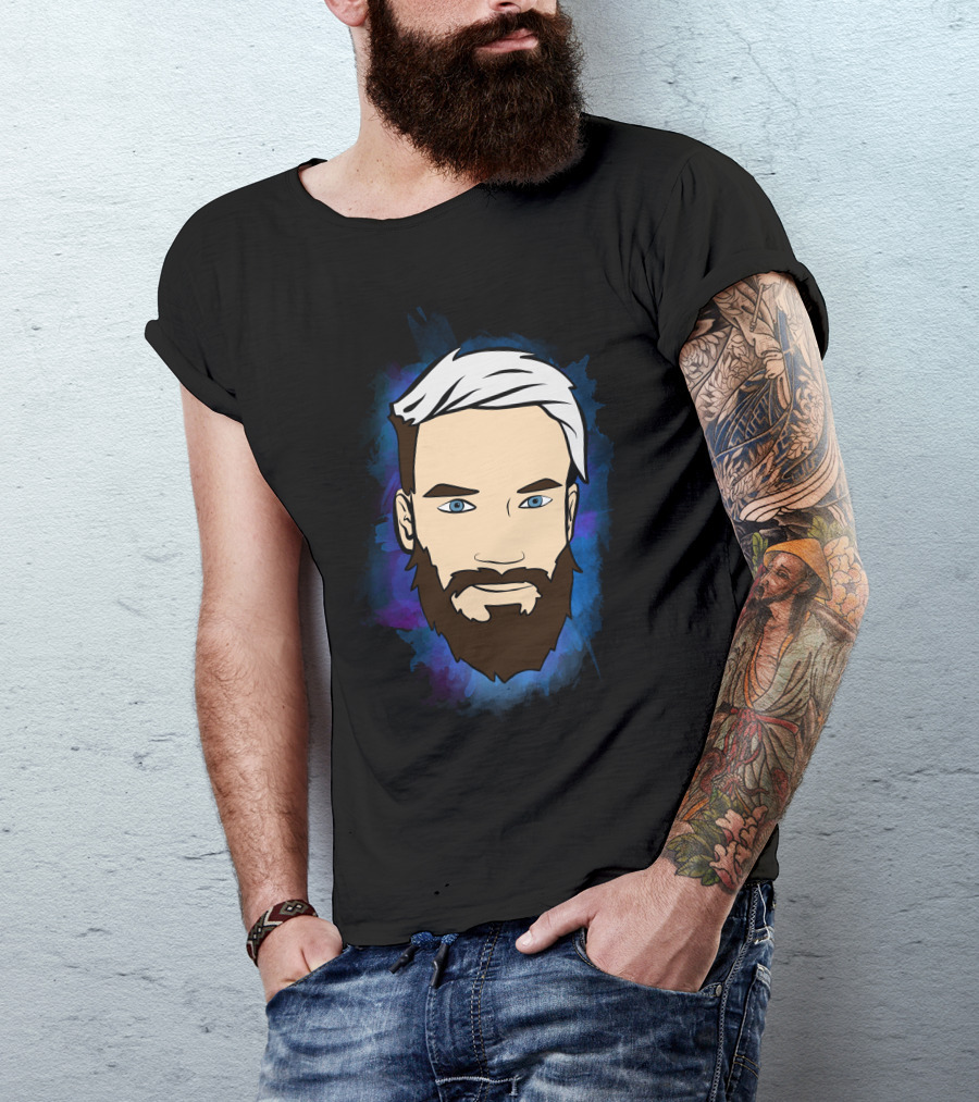 Pewdiepie Iconic Face Cartoon Style White Hair Blue Eyes Beard T-Shirt