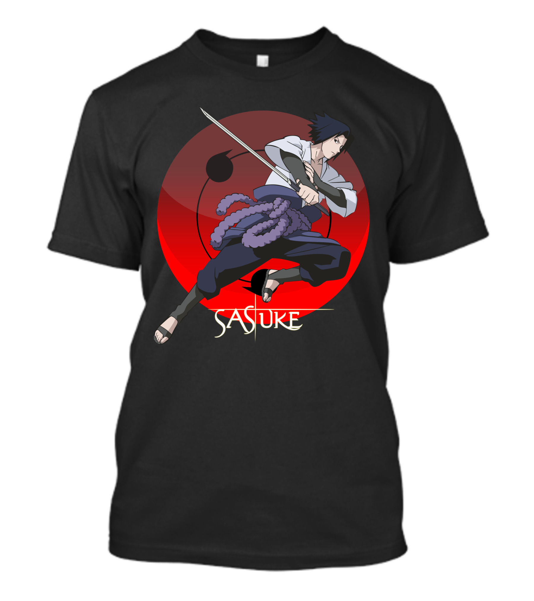 Sasuke Power Of Ninjutsu Katana Action Red Circle Background T-Shirt