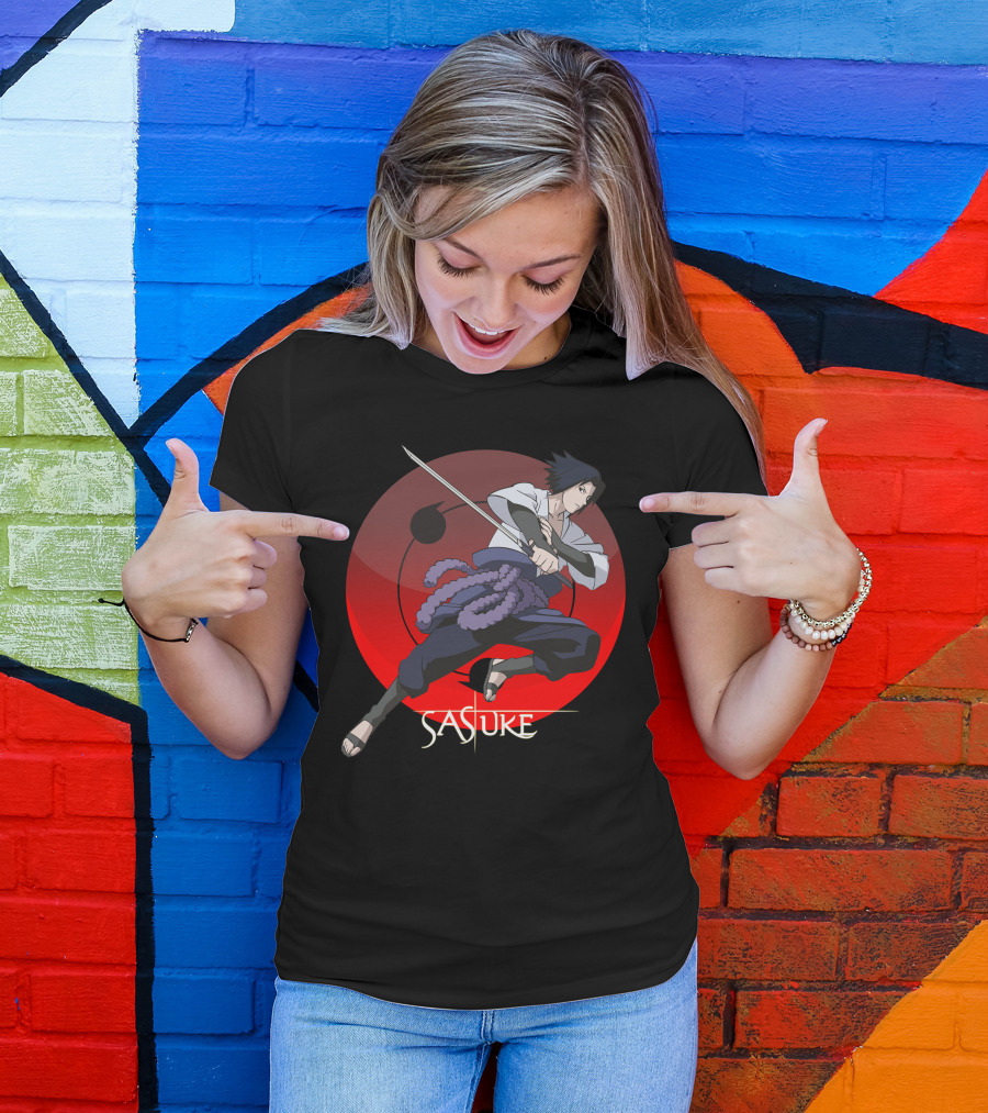 Sasuke Power Of Ninjutsu Katana Action Red Circle Background T-Shirt