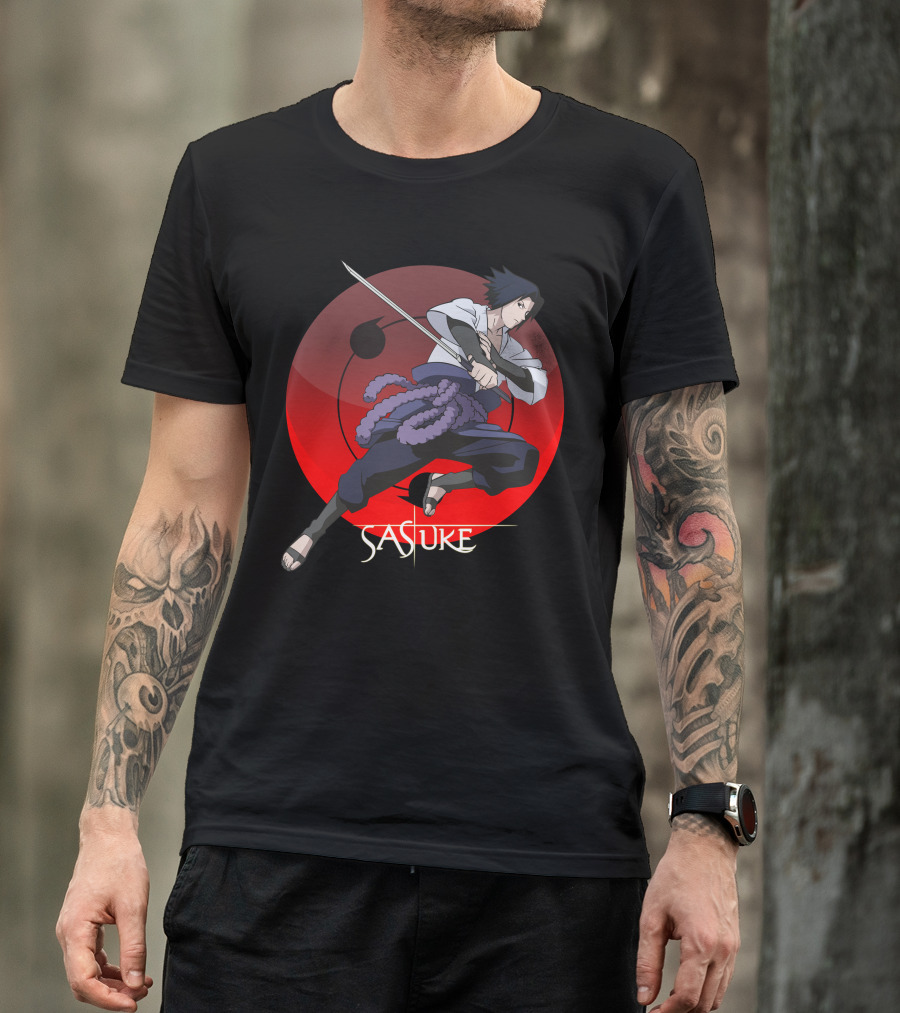 Sasuke Power Of Ninjutsu Katana Action Red Circle Background T-Shirt