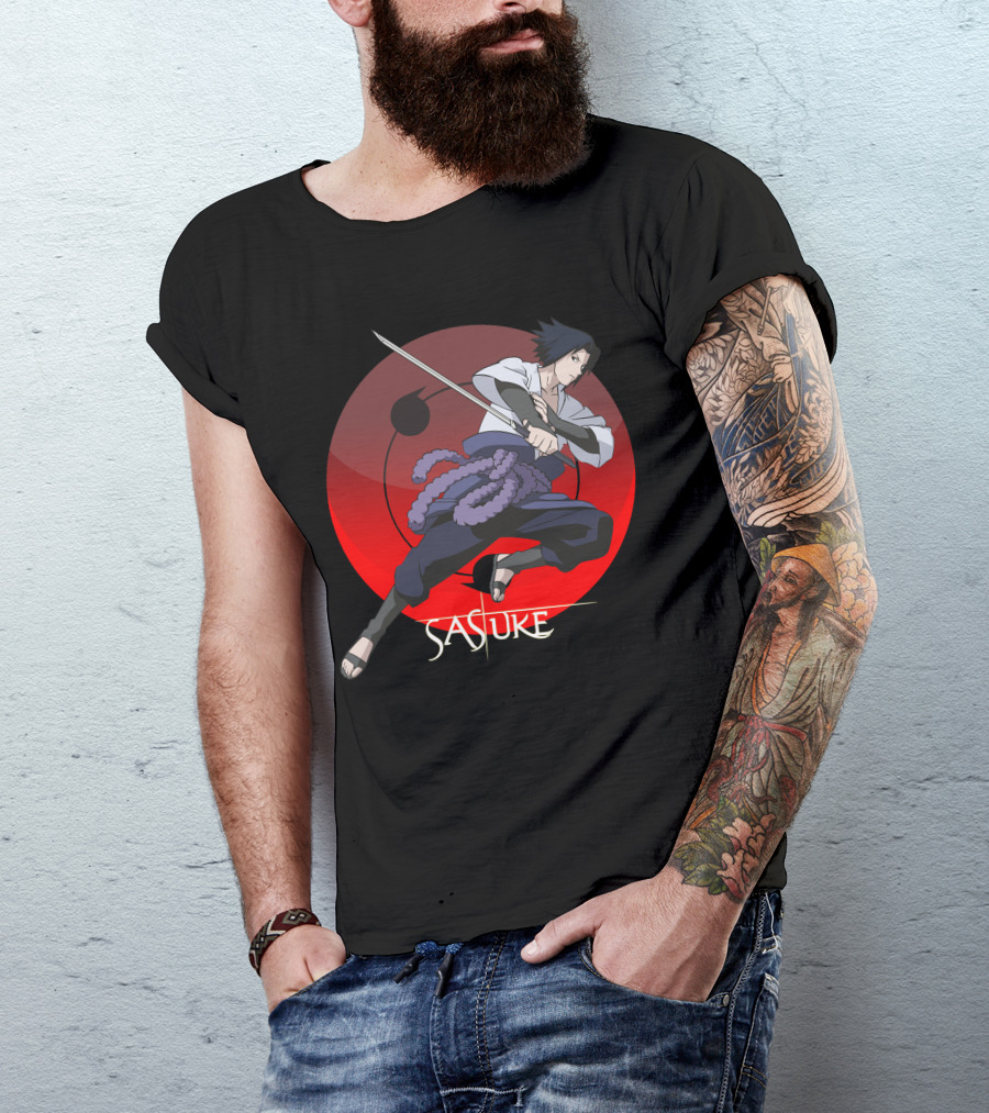 Sasuke Power Of Ninjutsu Katana Action Red Circle Background T-Shirt