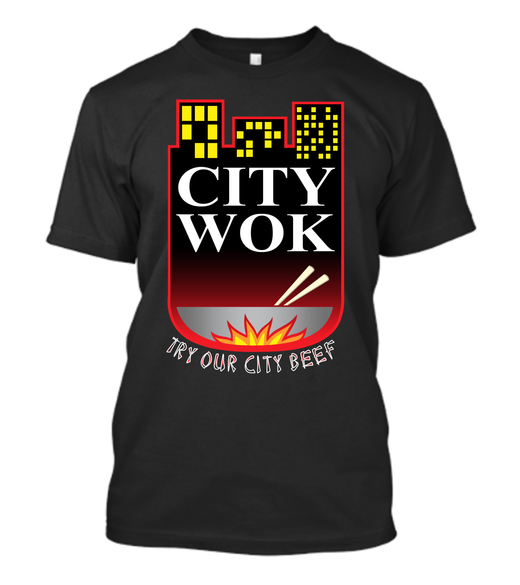 City Wok Try Our City Beef Night Skyline Chopsticks Flame T-Shirt