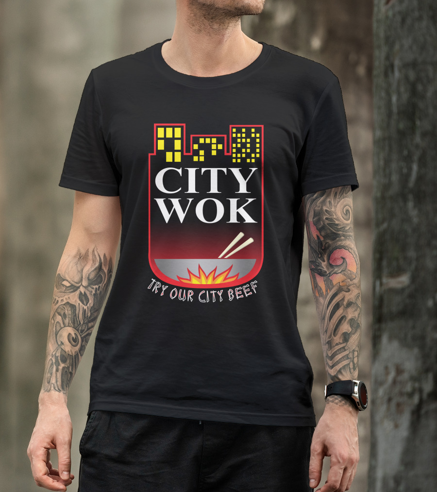 City Wok Try Our City Beef Night Skyline Chopsticks Flame T-Shirt