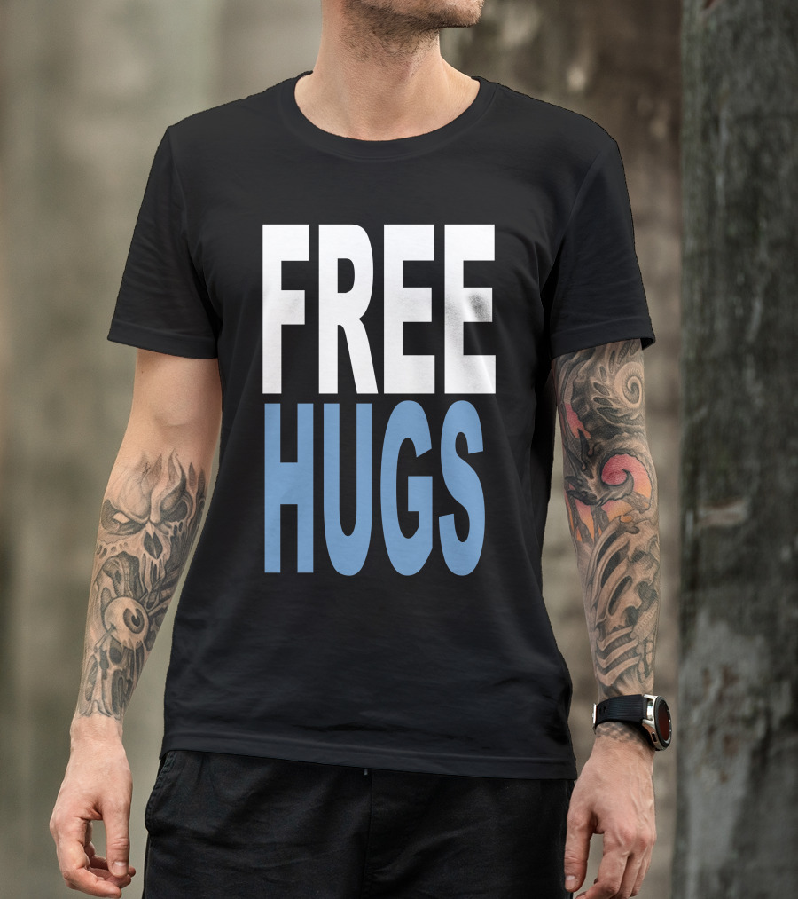 Funny Free Hugs Black Background White Blue Text T-Shirt