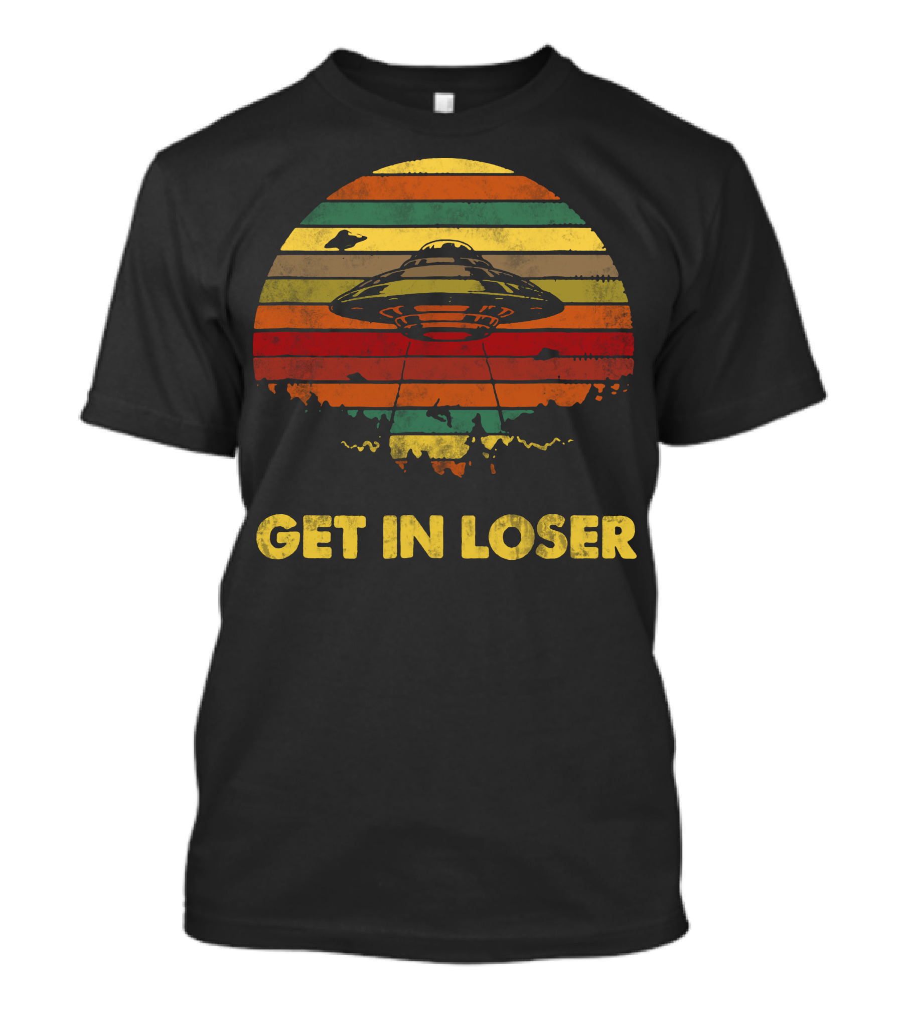 Get In Loser UFO Retro Sunset UFO Abduction Vintage Stripes T-Shirt