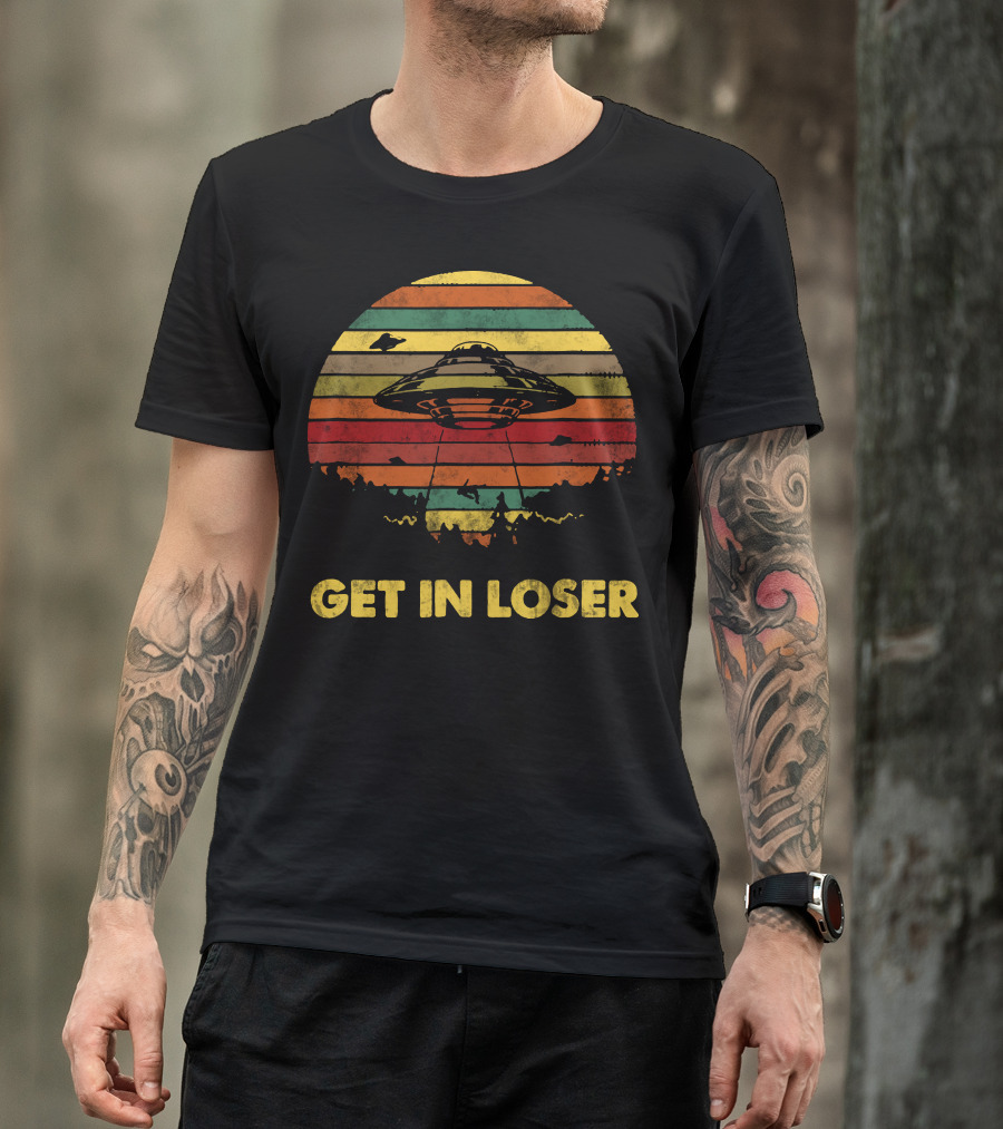Get In Loser UFO Retro Sunset UFO Abduction Vintage Stripes T-Shirt