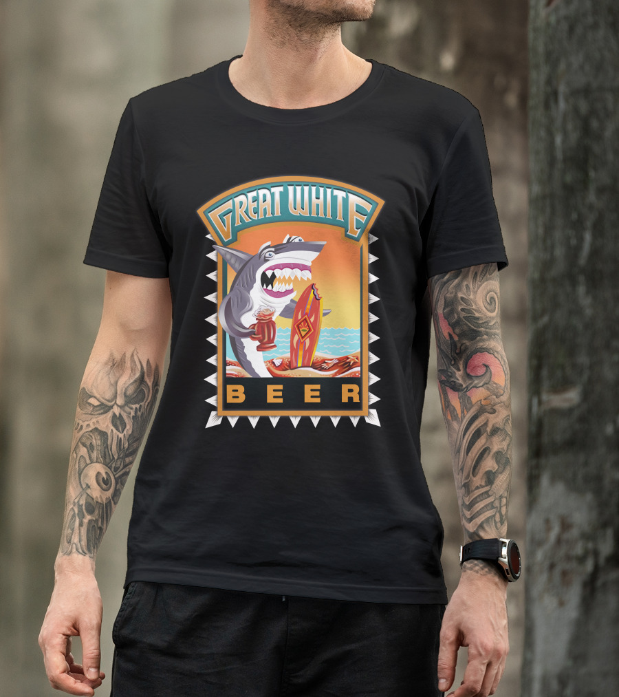 Great White Beer Shark Surfing With Mug On Sunset Beach T-Shirt