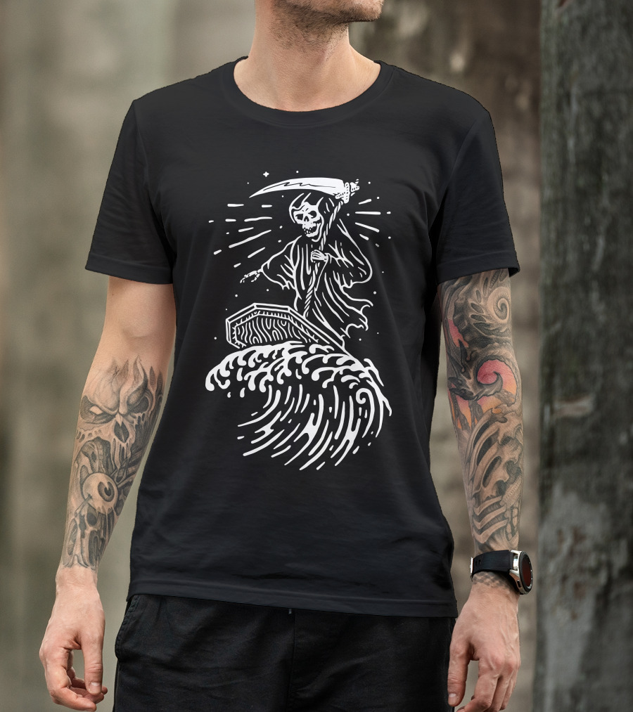 Grim Reaper Riding Coffin Wave Surf T-Shirt