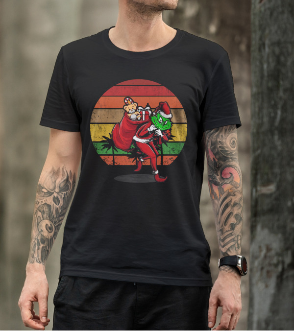 Grinch Stole Christmas Santa Sack With Teddy And Gifts Retro Sunset T-Shirt