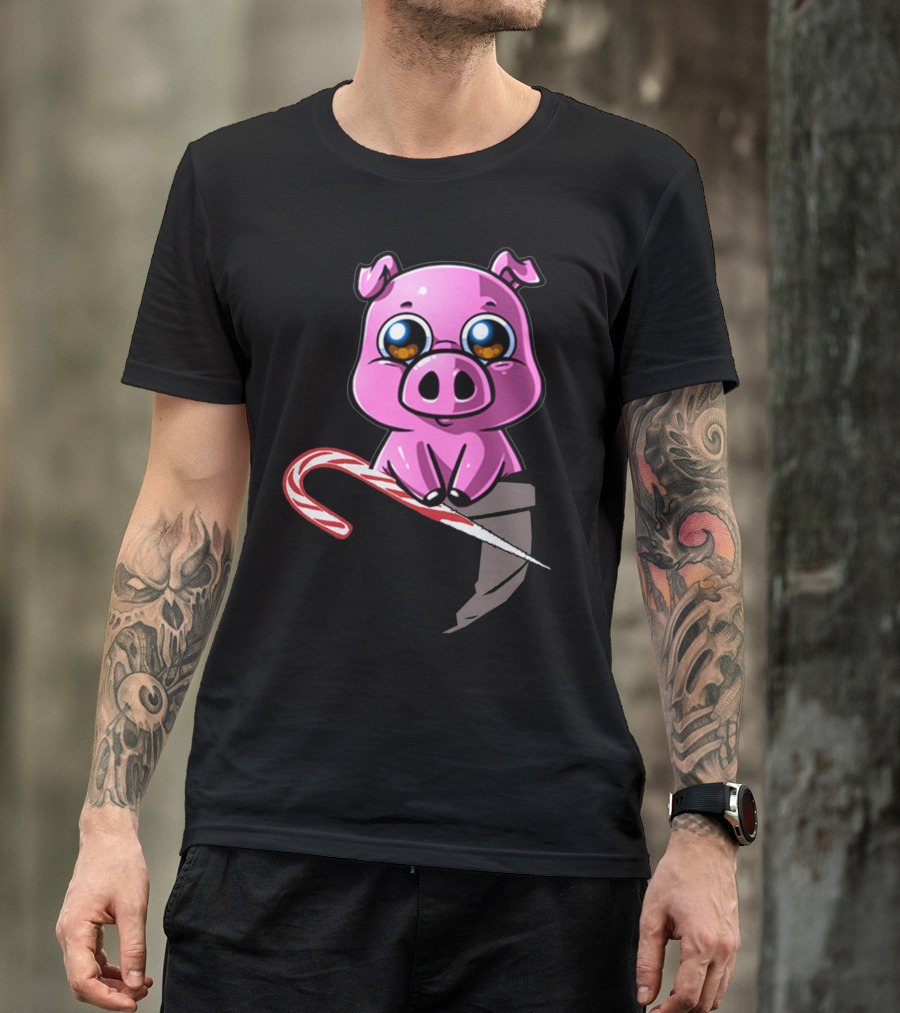 Adult Billy Cute Cartoon Pig With Candy Cane In Pocket T-Shirt