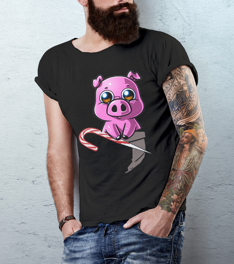 Adult Billy Cute Cartoon Pig With Candy Cane In Pocket T-Shirt