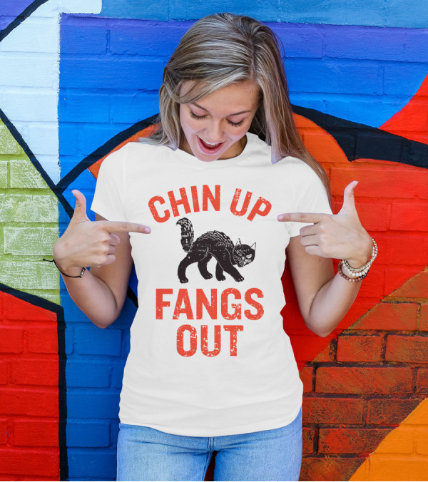 Chin Up Fangs Out Black Cat Arched Back Halloween Fun T-Shirt
