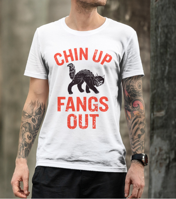 Chin Up Fangs Out Black Cat Arched Back Halloween Fun T-Shirt