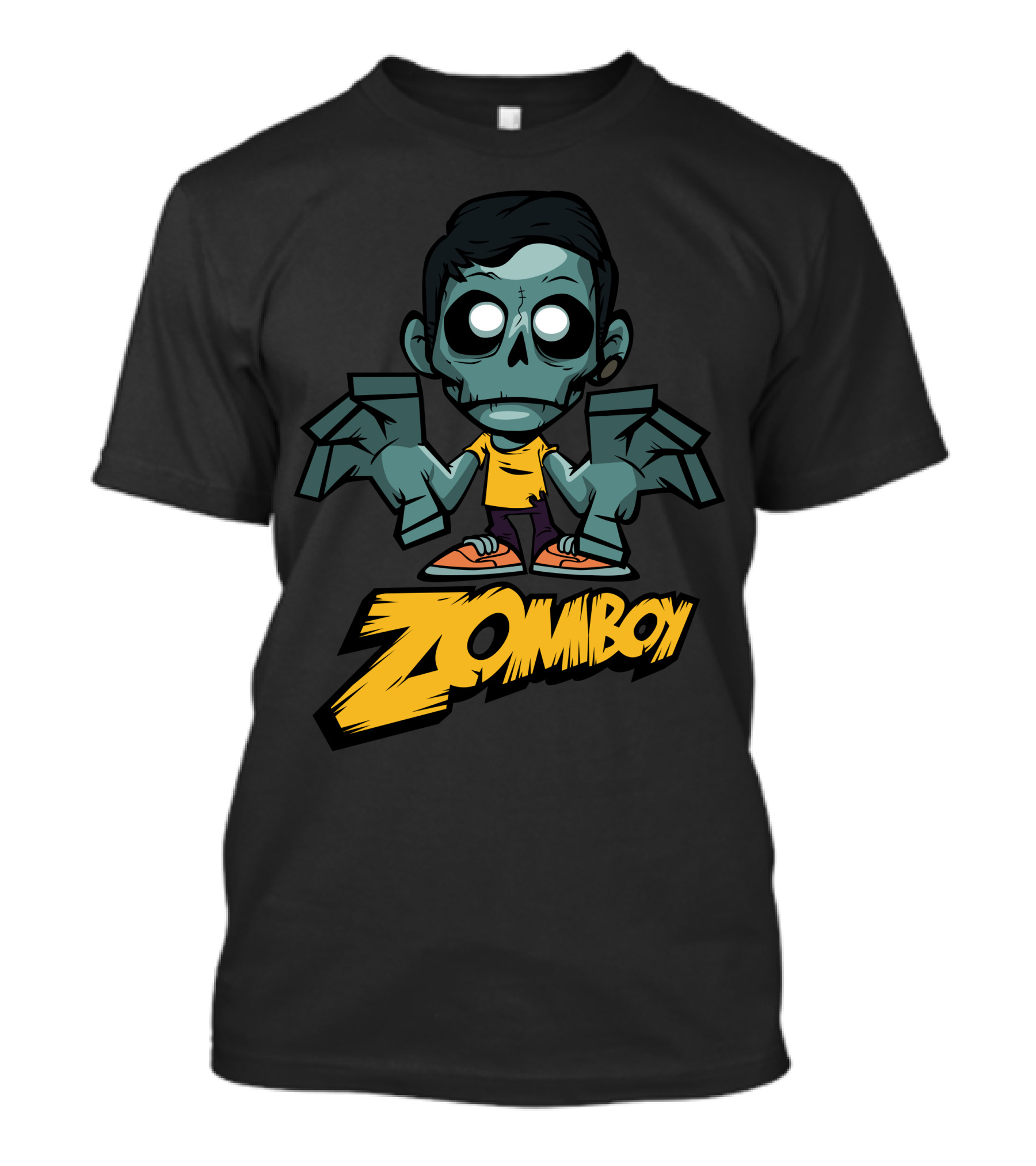 Funny Zomboy Cartoon Character With Green Skin And Yellow T-Shirt